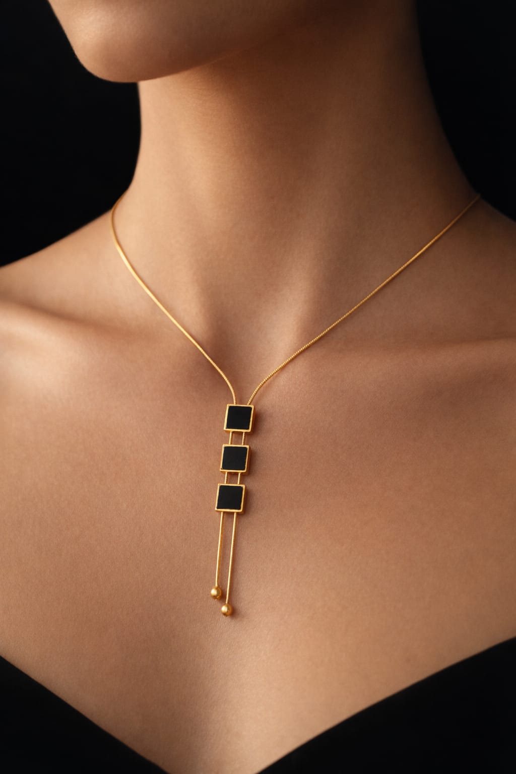 Luxury Black Onyx Square Drop Necklace - Gold Finish