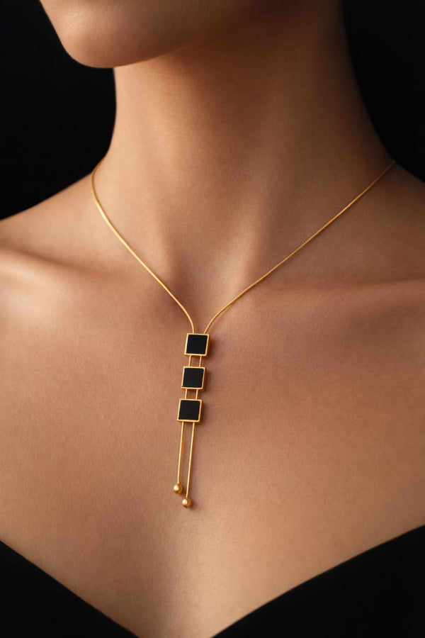 Luxury Black Onyx Square Drop Necklace - Gold Finish