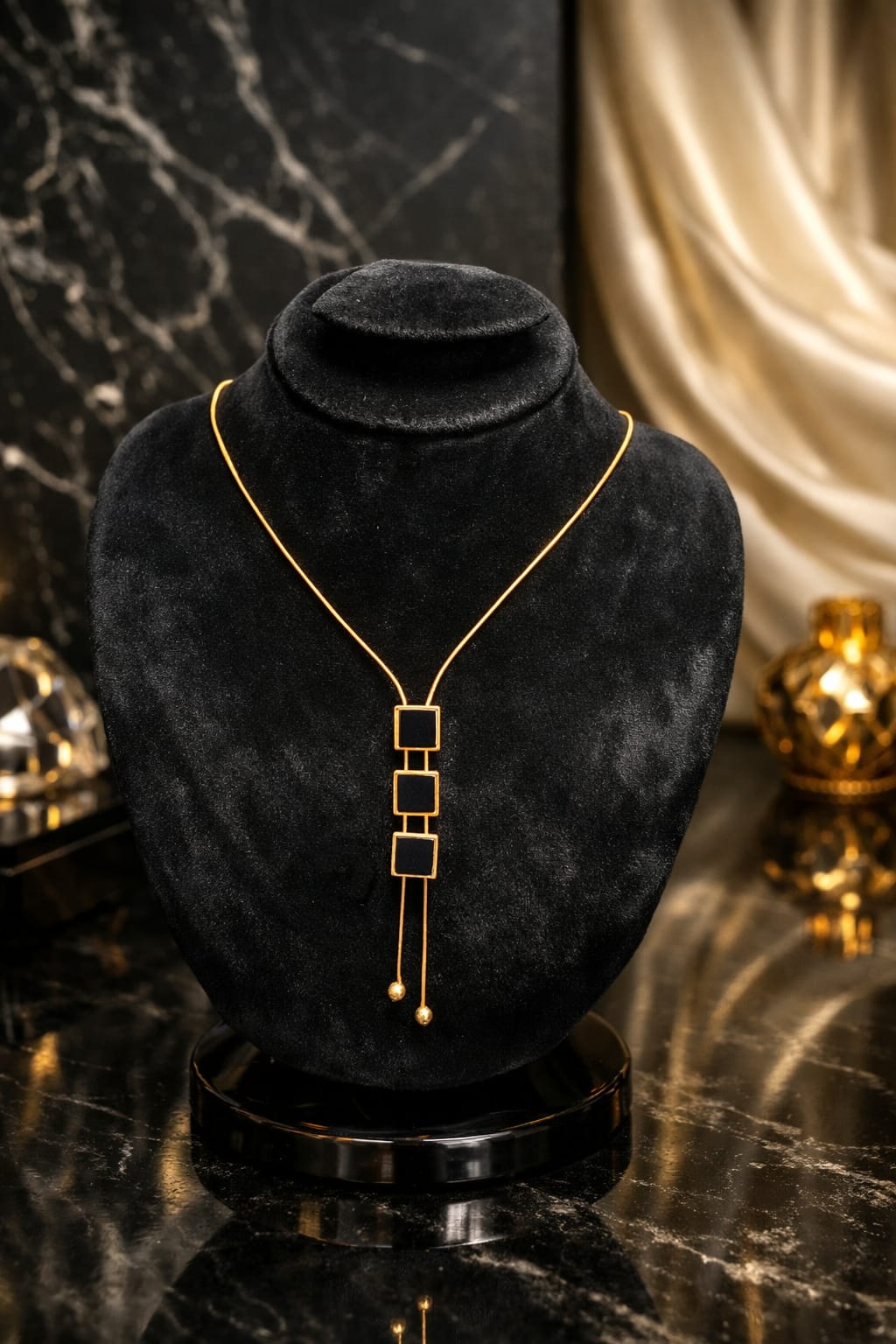 Luxury Black Onyx Square Drop Necklace - Gold Finish