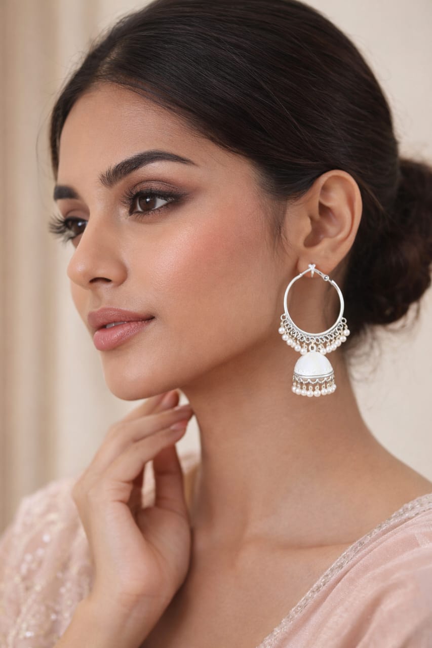 Classic Silver Jhumka Hoop Earrings with Pearl Drops