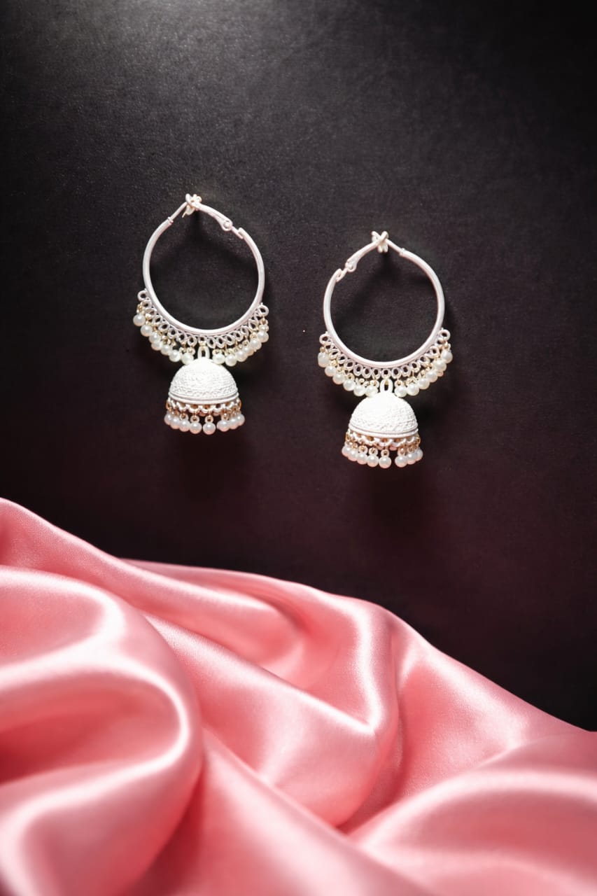 Classic Silver Jhumka Hoop Earrings with Pearl Drops