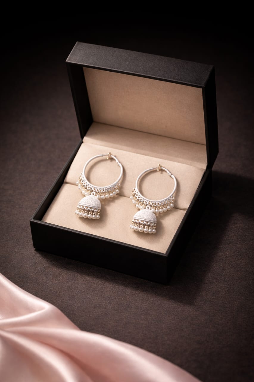 Classic Silver Jhumka Hoop Earrings with Pearl Drops