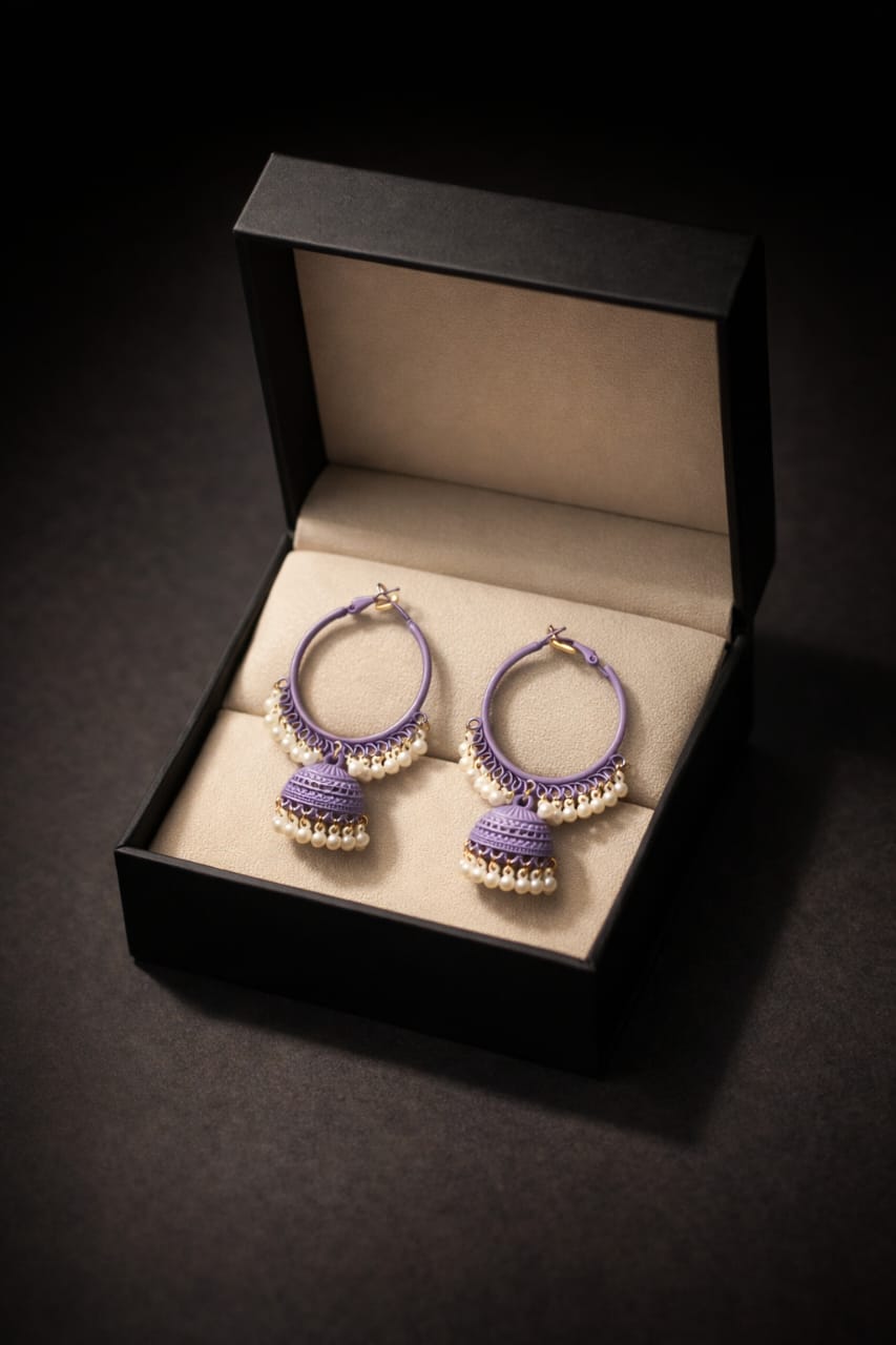 Vibrant Purple Jhumka Hoop Earrings with Pearl Drops