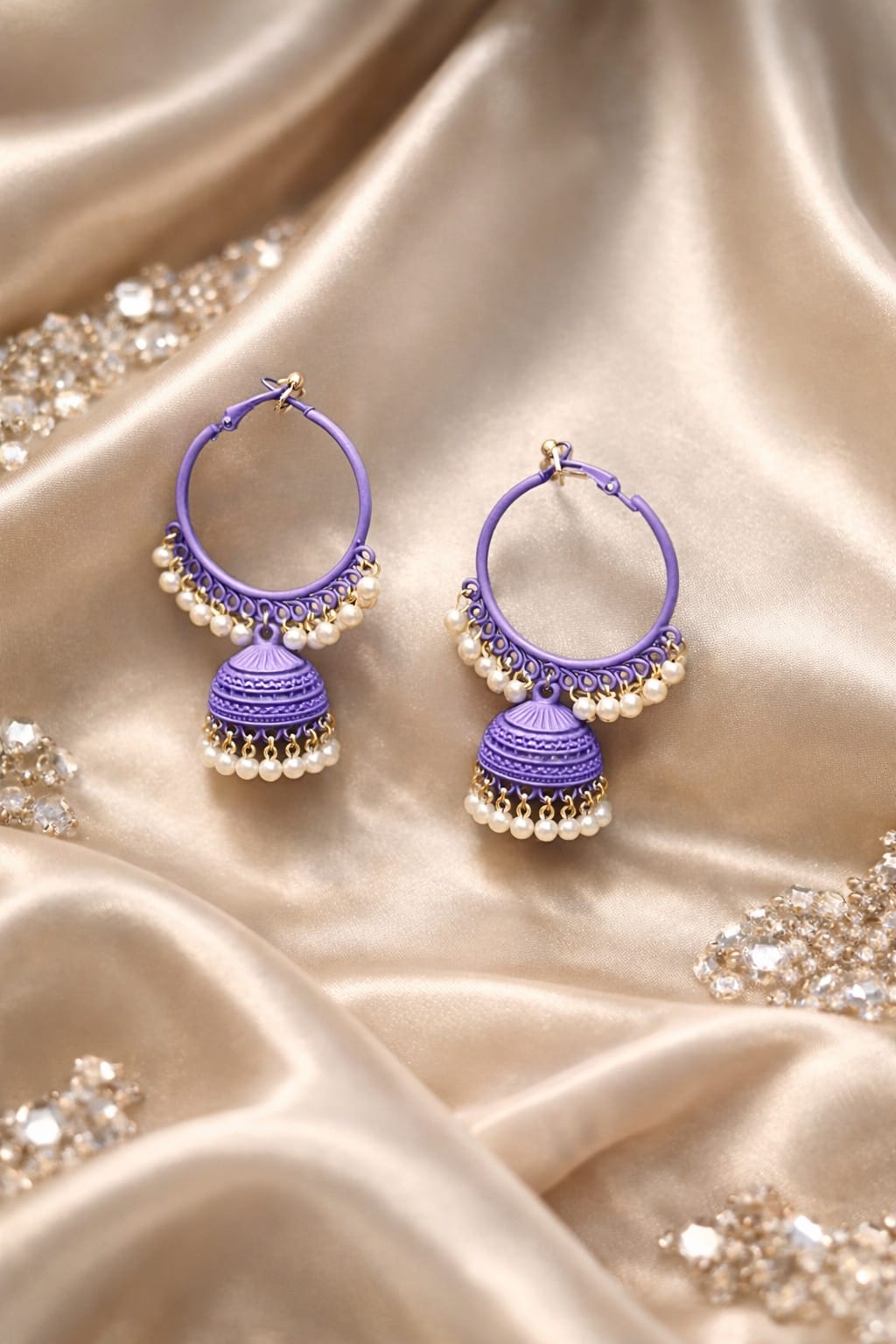 Vibrant Purple Jhumka Hoop Earrings with Pearl Drops