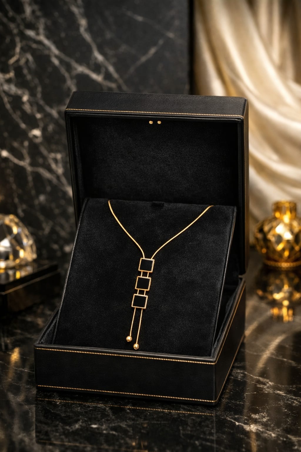 Luxury Black Onyx Square Drop Necklace - Gold Finish